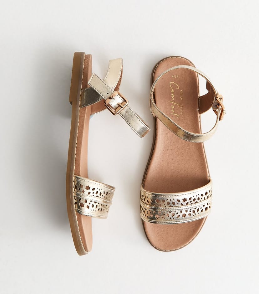 New Look Women's Gold Faux Leather Cut Out Strap Flat Sandals Vegan New Look - 1