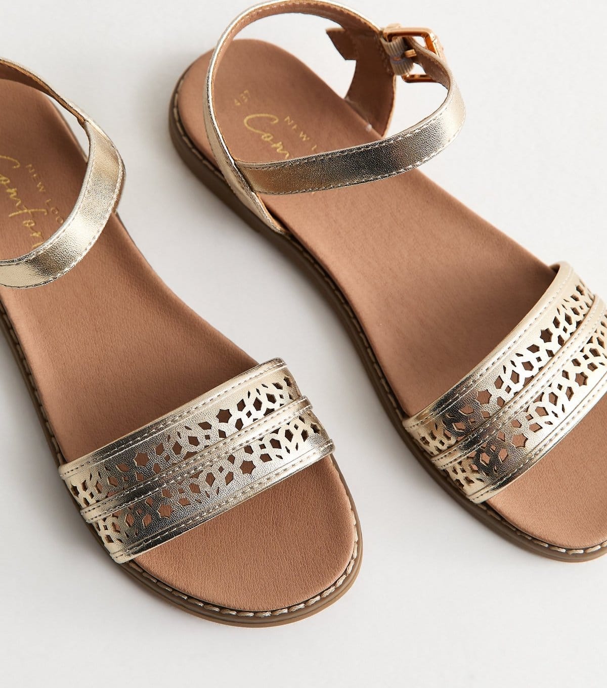 New Look Women's Gold Faux Leather Cut Out Strap Flat Sandals Vegan New Look - 4