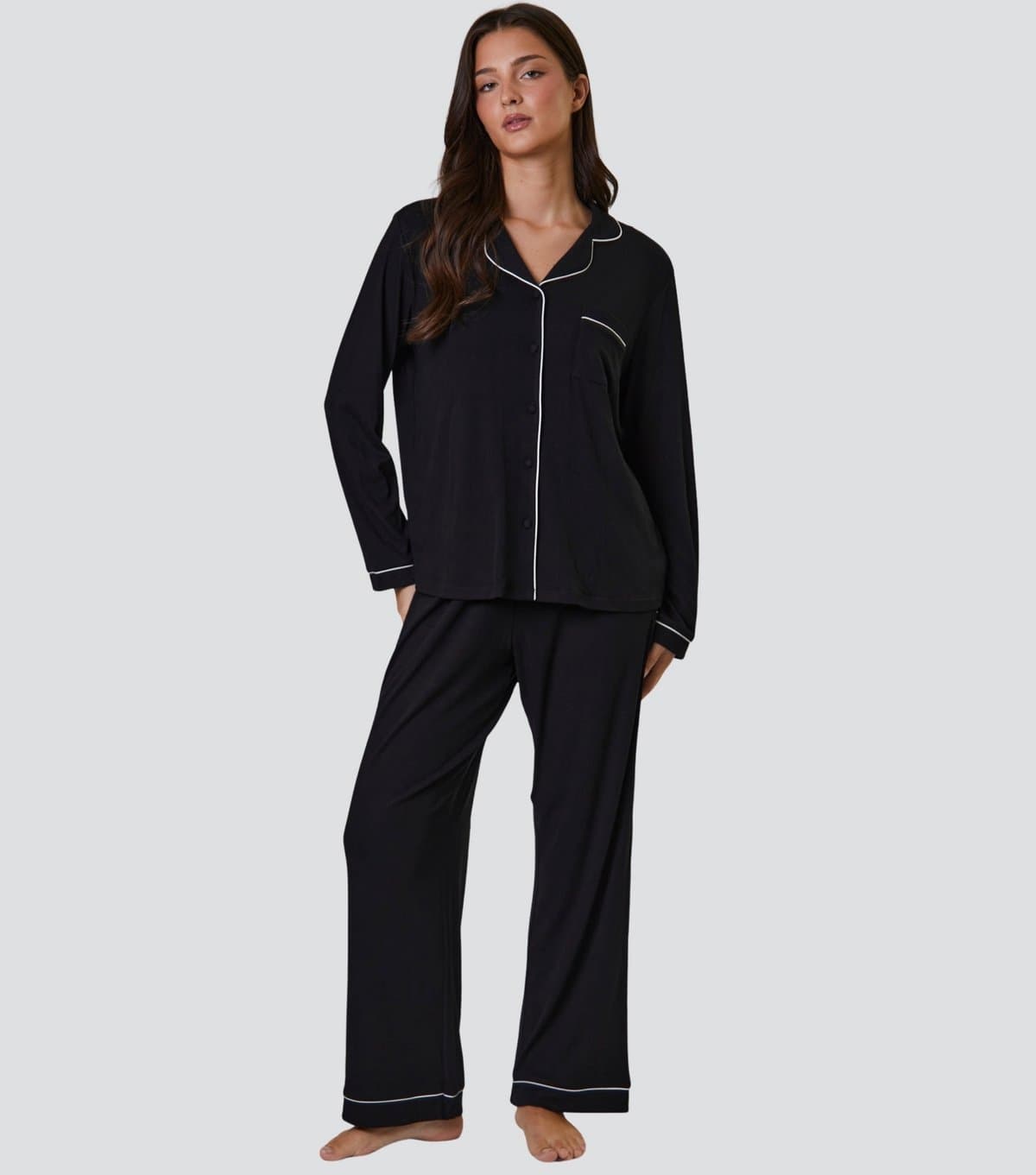 Loungeable Women's Black Ribbed Shirt and Trousers Pyjama Set Loungeable New Look