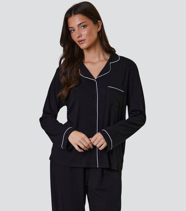 Loungeable Women's Black Ribbed Shirt and Trousers Pyjama Set Loungeable New Look - 2