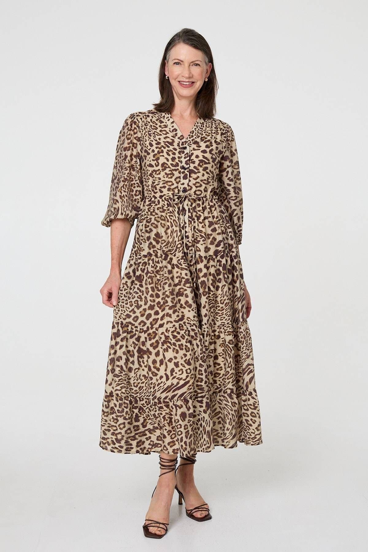 Izabel London Izabel London Women's Animal Print 3/4 Puff Sleeve Midi Dress in Brown