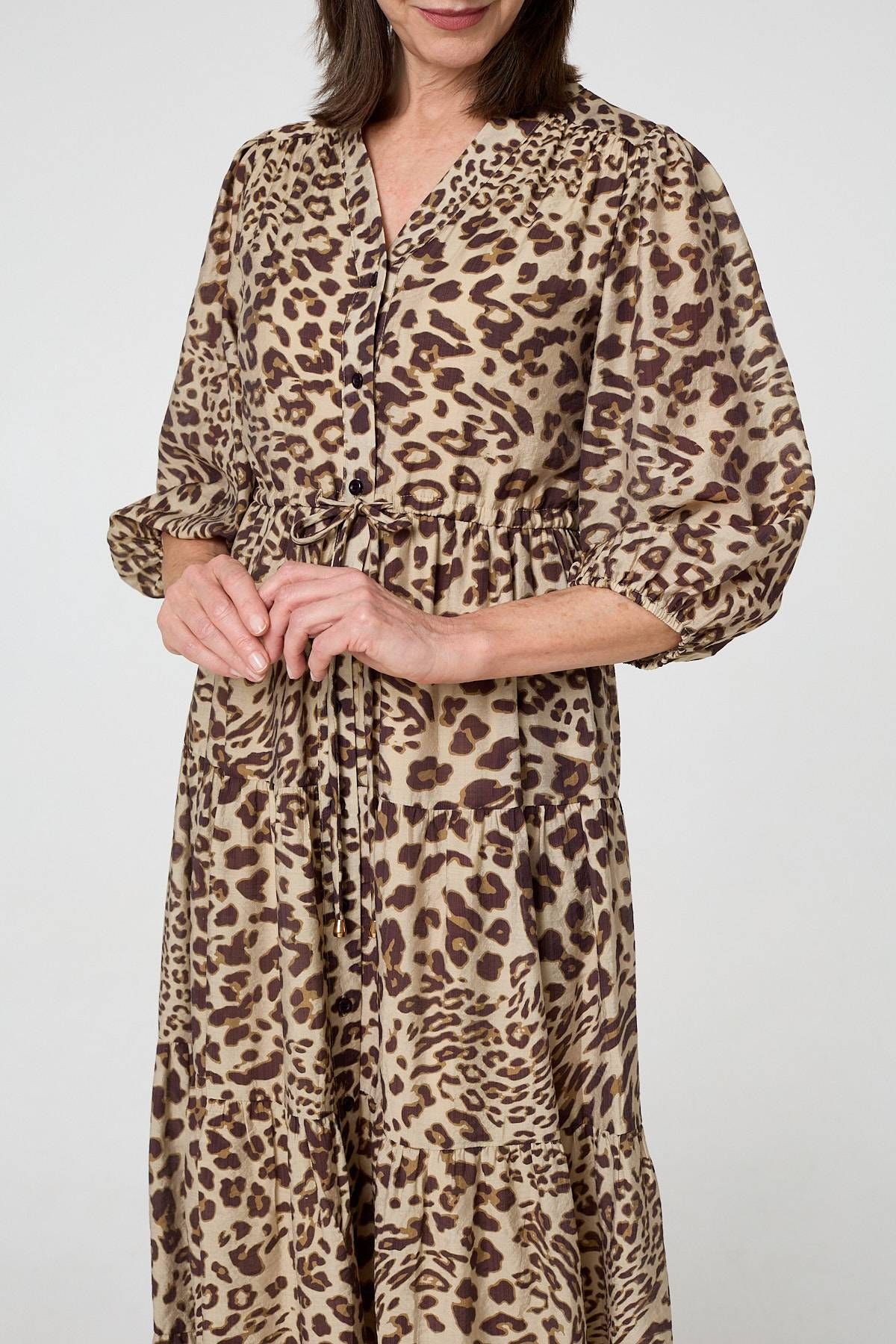 Izabel London Izabel London Women's Animal Print 3/4 Puff Sleeve Midi Dress in Brown - 2