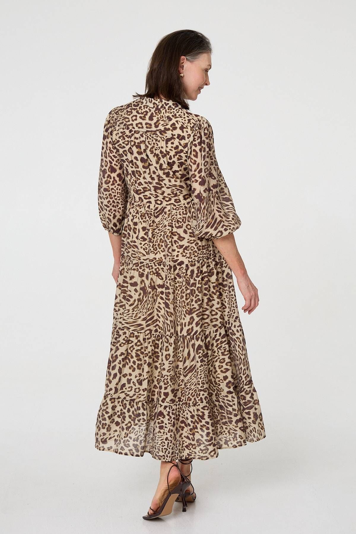 Izabel London Izabel London Women's Animal Print 3/4 Puff Sleeve Midi Dress in Brown - 3