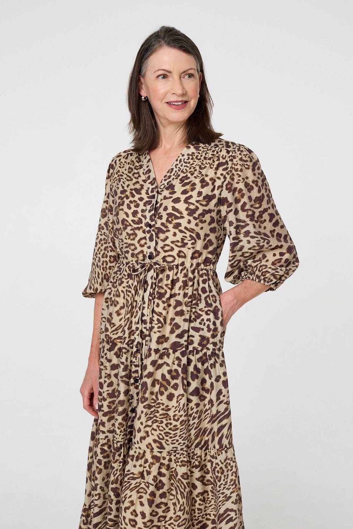 Izabel London Izabel London Women's Animal Print 3/4 Puff Sleeve Midi Dress in Brown - 4