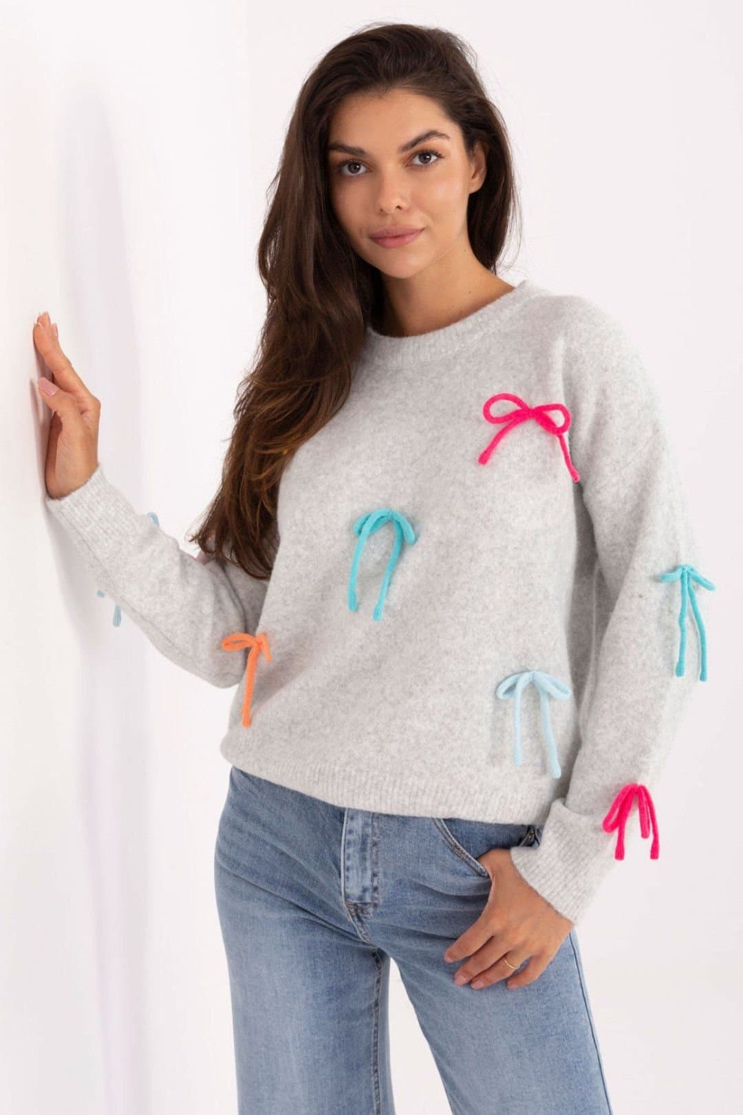Love Lace Love Lace Women's Casual Long Sleeve Sweater With Bow Detail in Grey