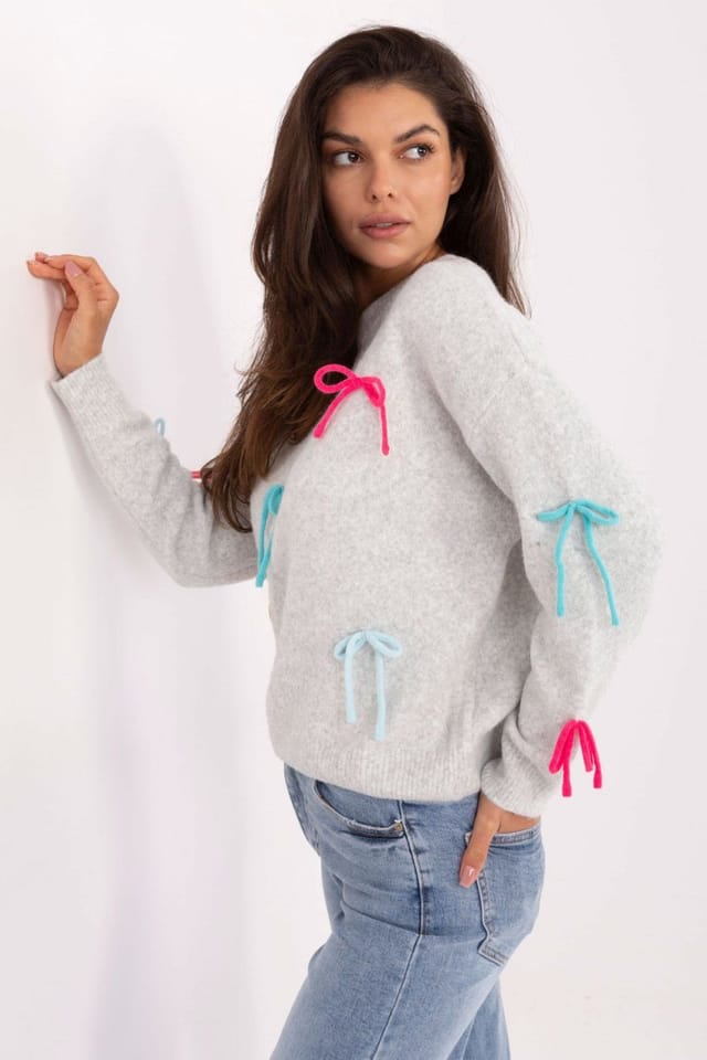 Love Lace Love Lace Women's Casual Long Sleeve Sweater With Bow Detail in Grey - 2
