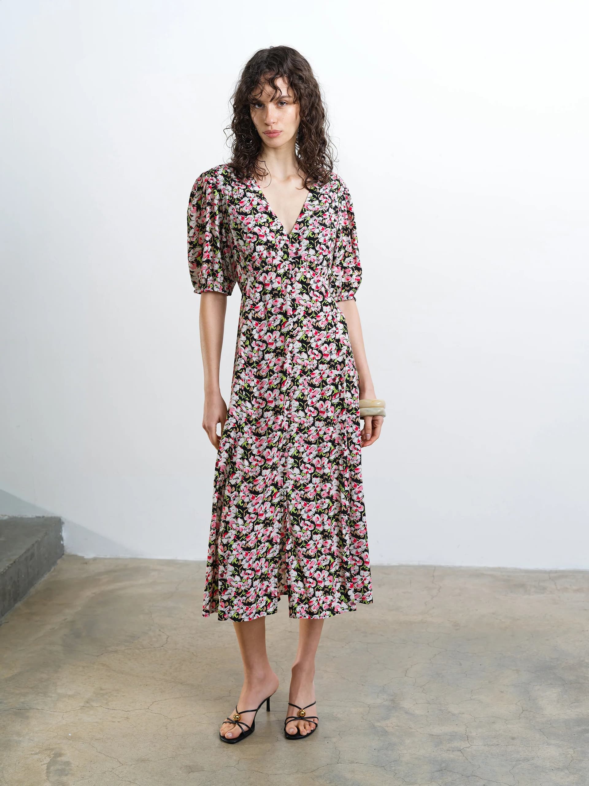 French Connection Molly Lizzie Eco Puff Sleeve Tea Dress Multi Floral Print