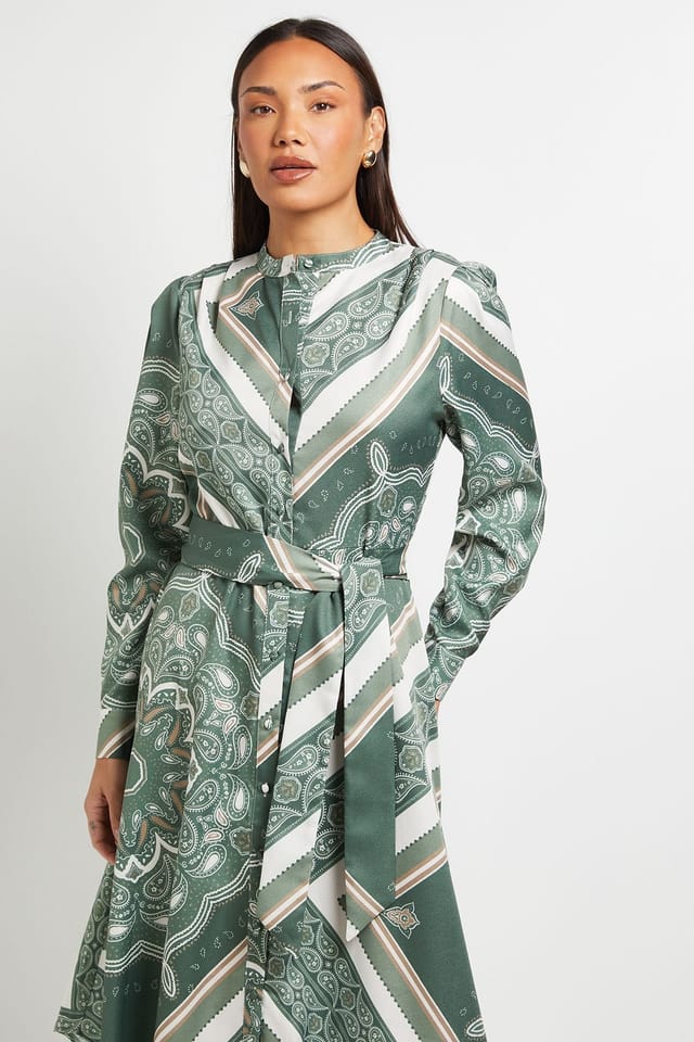 Principles Principles Women's Scarf Print Belted Shirt Dress in Olive - 2