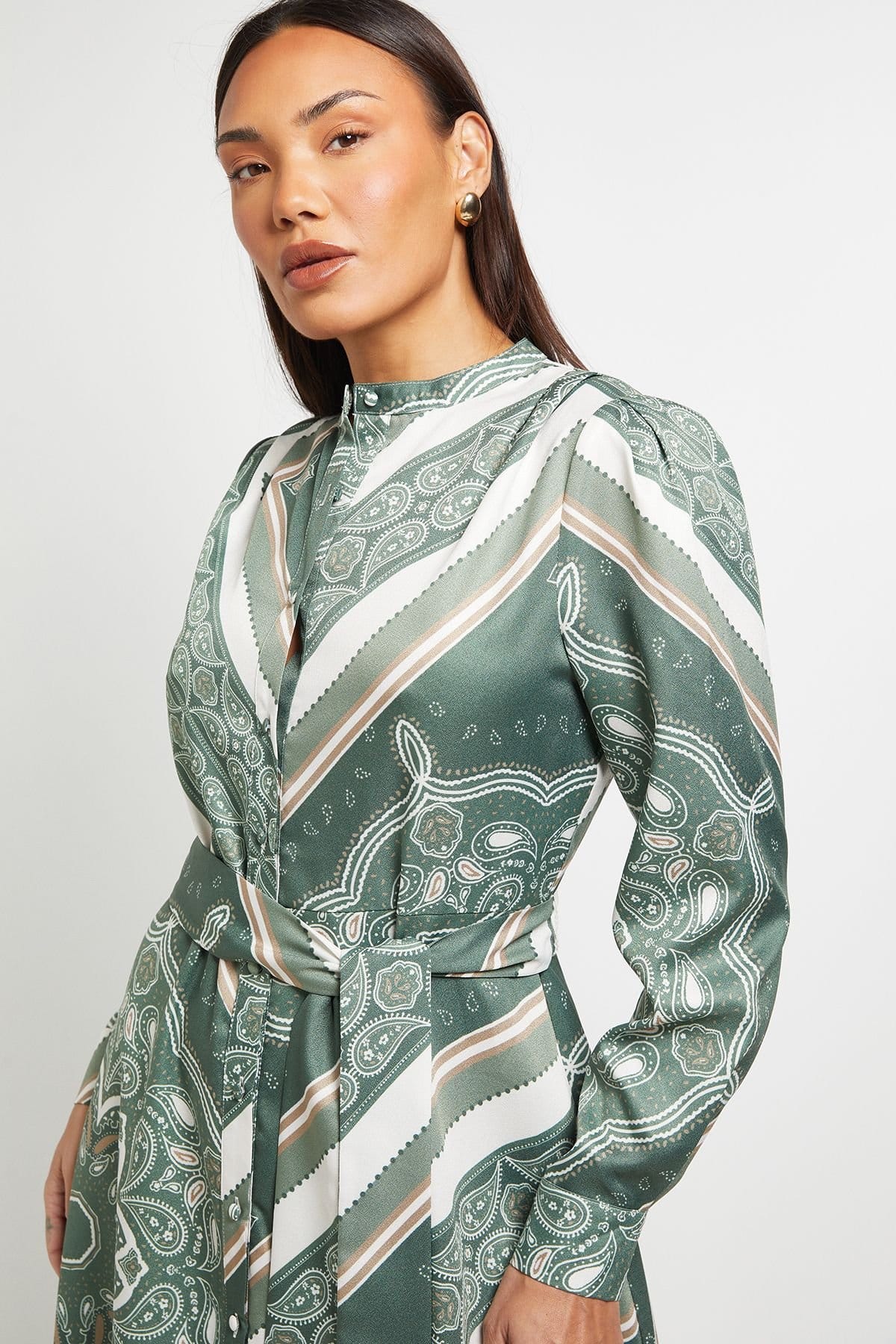 Principles Principles Women's Scarf Print Belted Shirt Dress in Olive - 4