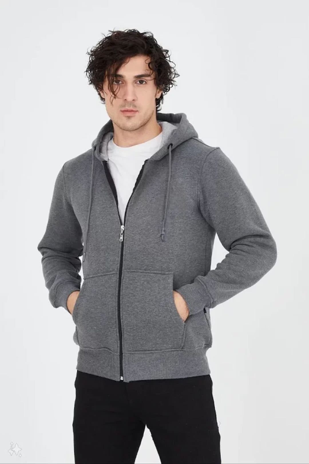 Janes Janes Men's Hooded Zip-Up Fleece Sweatshirt with Pocket in Dark Grey