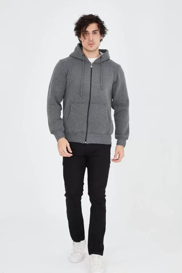 Janes Janes Men's Hooded Zip-Up Fleece Sweatshirt with Pocket in Dark Grey - 3