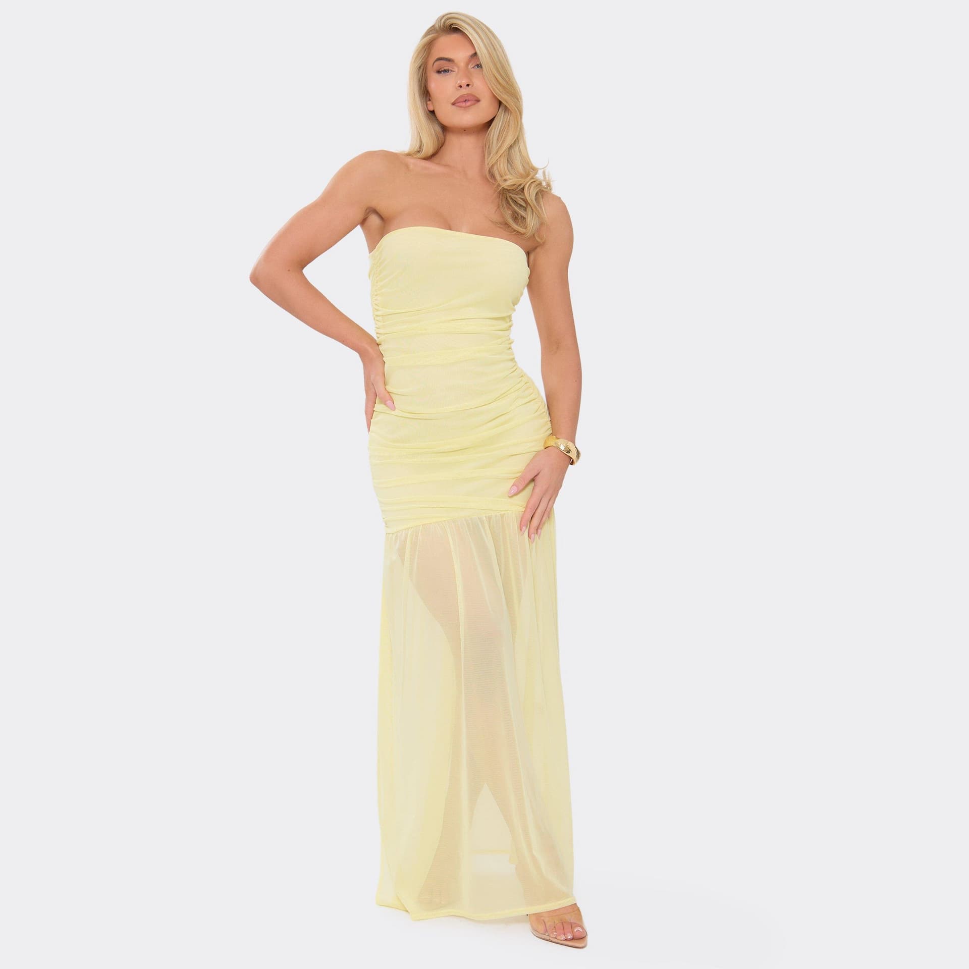 EGO Bandeau Ruched Maxi Dress In Lemon Mesh, Women's Size UK 6
