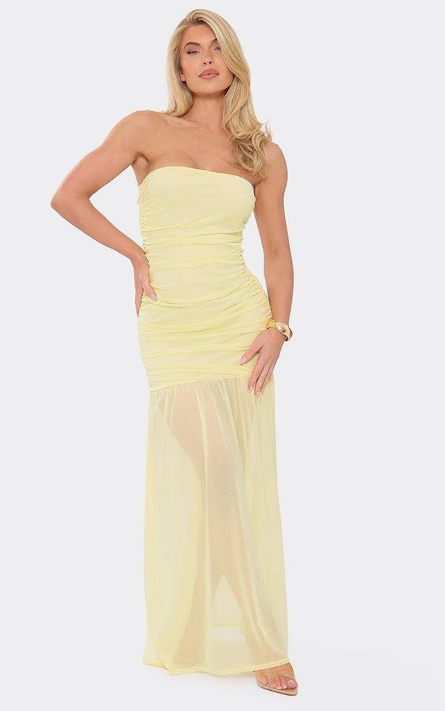 EGO Bandeau Ruched Maxi Dress In Lemon Mesh, Women's Size UK 6 - 2