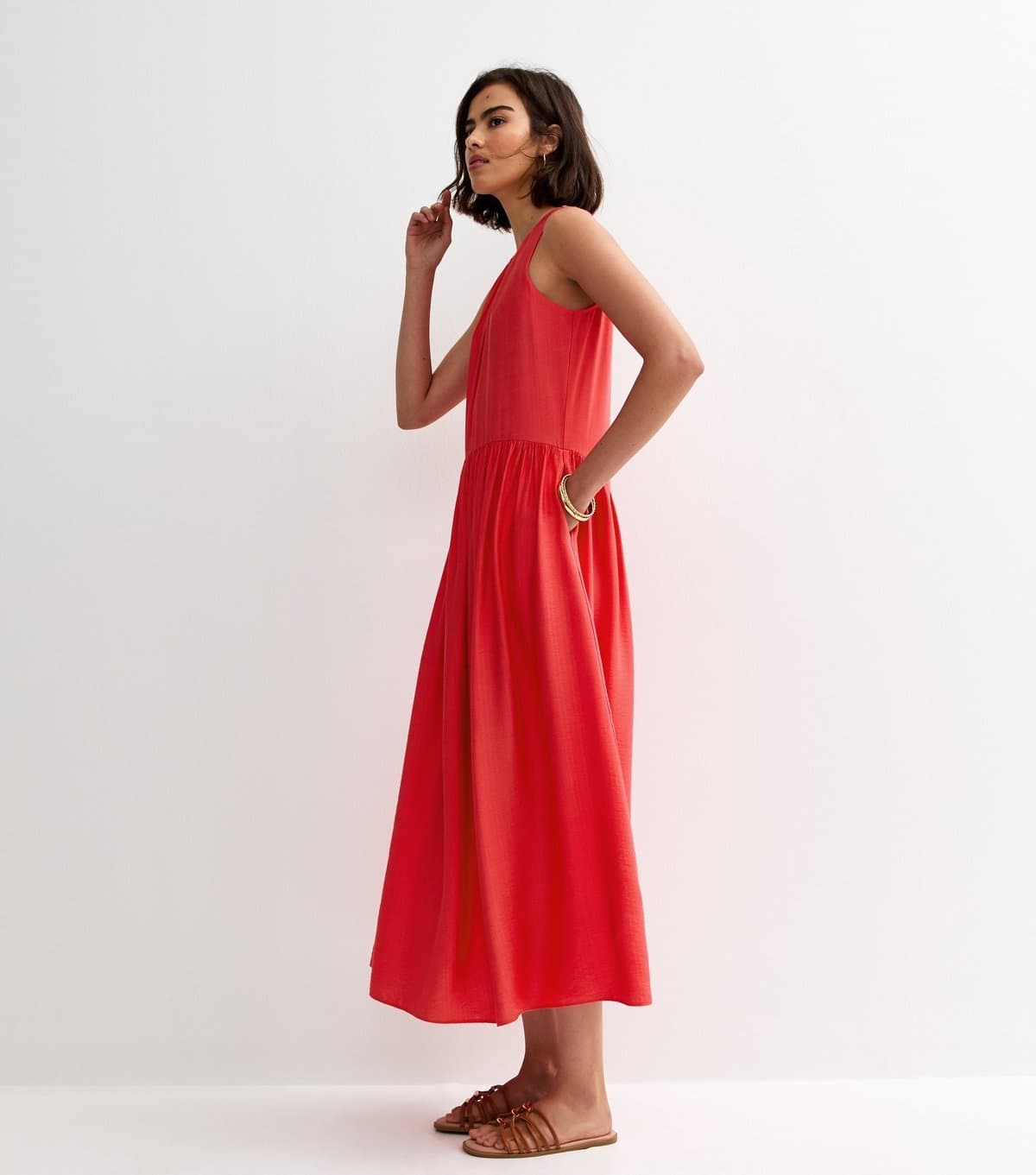 New Look Women's Coral Pink Drop Waist Sleeveless Midi Dress New Look