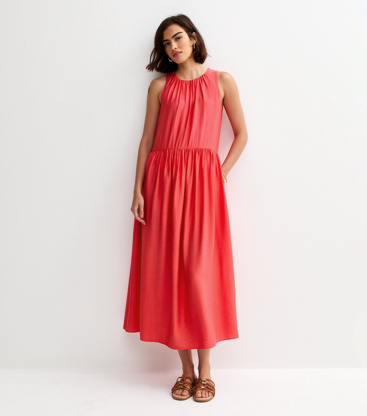 New Look Women's Coral Pink Drop Waist Sleeveless Midi Dress New Look - 3