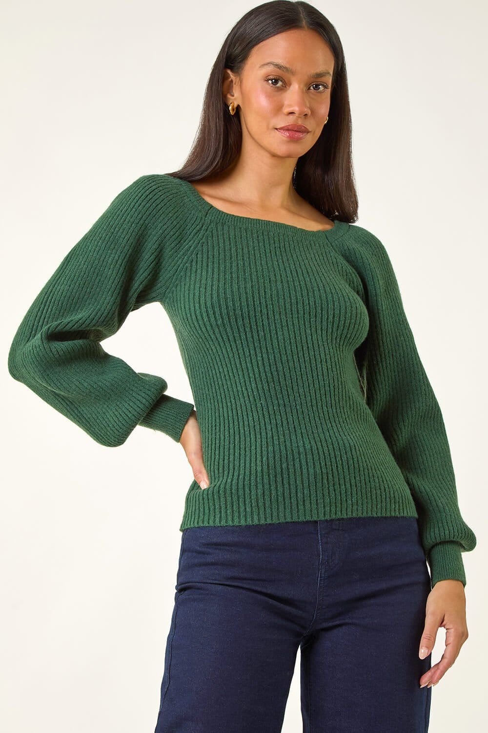 Dusk Green Ribbed Blouson Knit Jumper