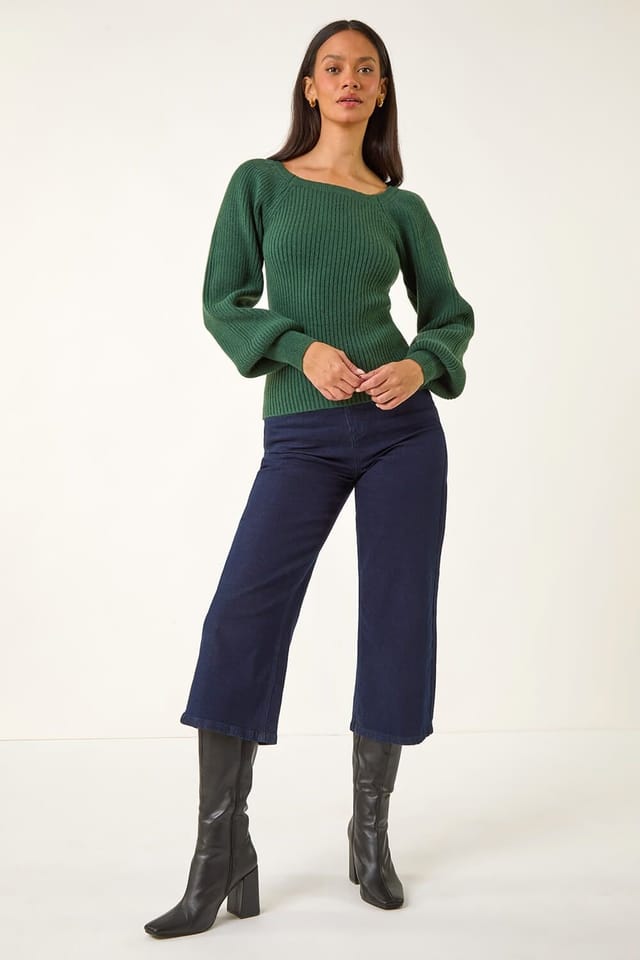 Dusk Dusk Women's Ribbed Blouson Knit Jumper in Green - 2