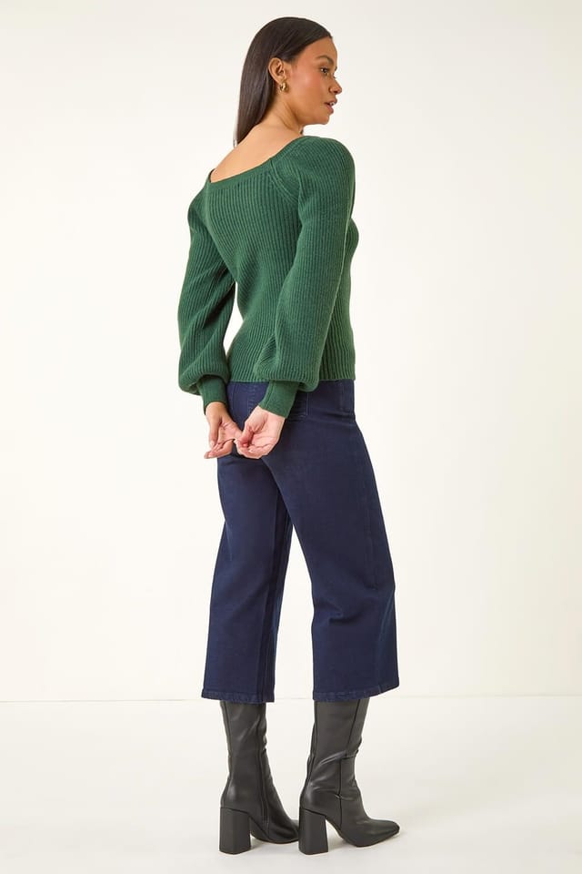 Dusk Dusk Women's Ribbed Blouson Knit Jumper in Green - 3