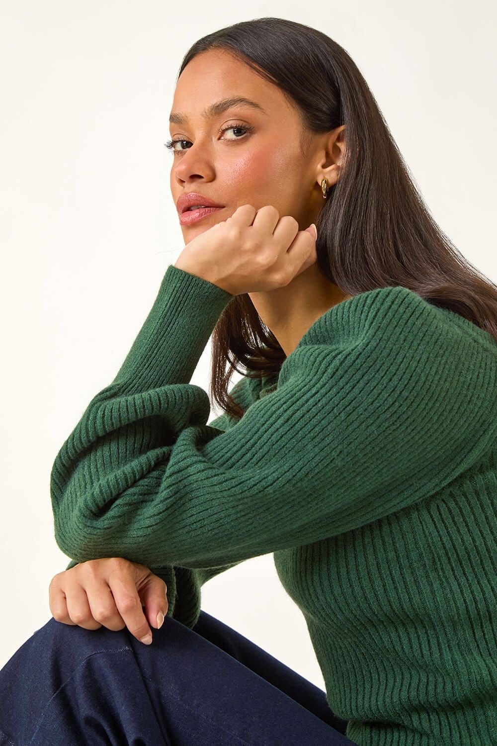 Dusk Dusk Women's Ribbed Blouson Knit Jumper in Green - 4