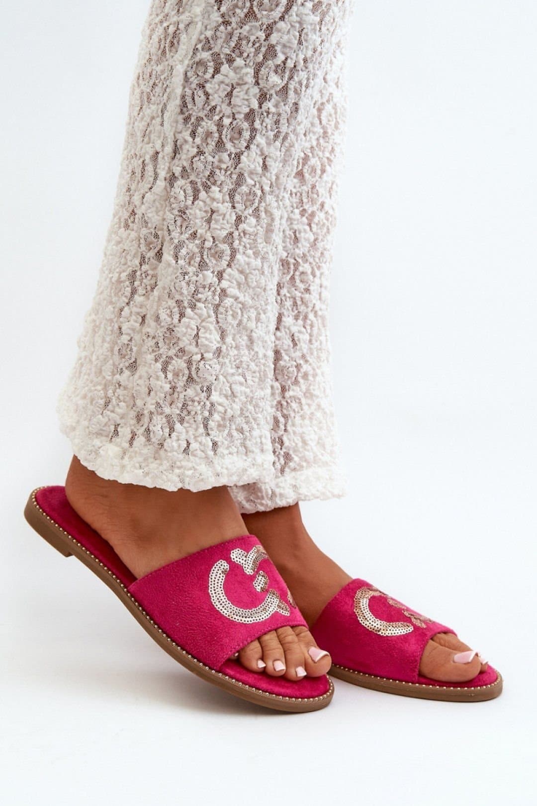 Love Lace Love Lace Pink Suede Flip Flops With Sequins