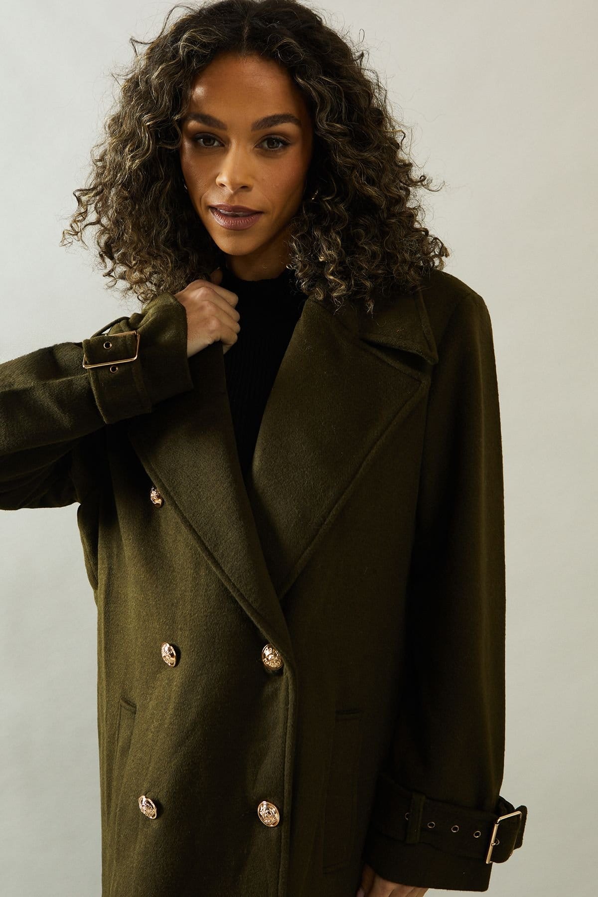 Wallis Wallis Women's Buckle Detail Double Breasted Coat in Khaki - 4