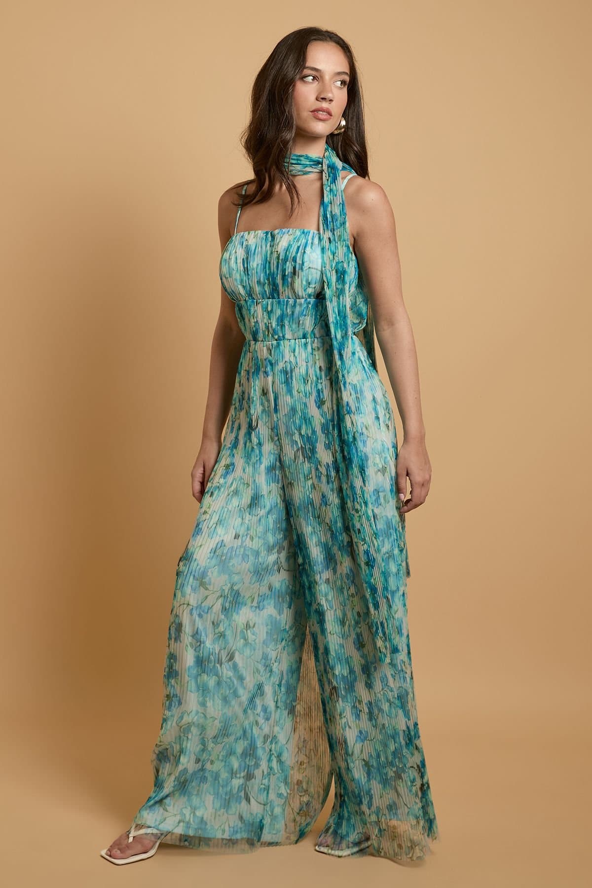 Oasis Oasis Women's Corset Detail Pleated Mesh Jumpsuit in Blue