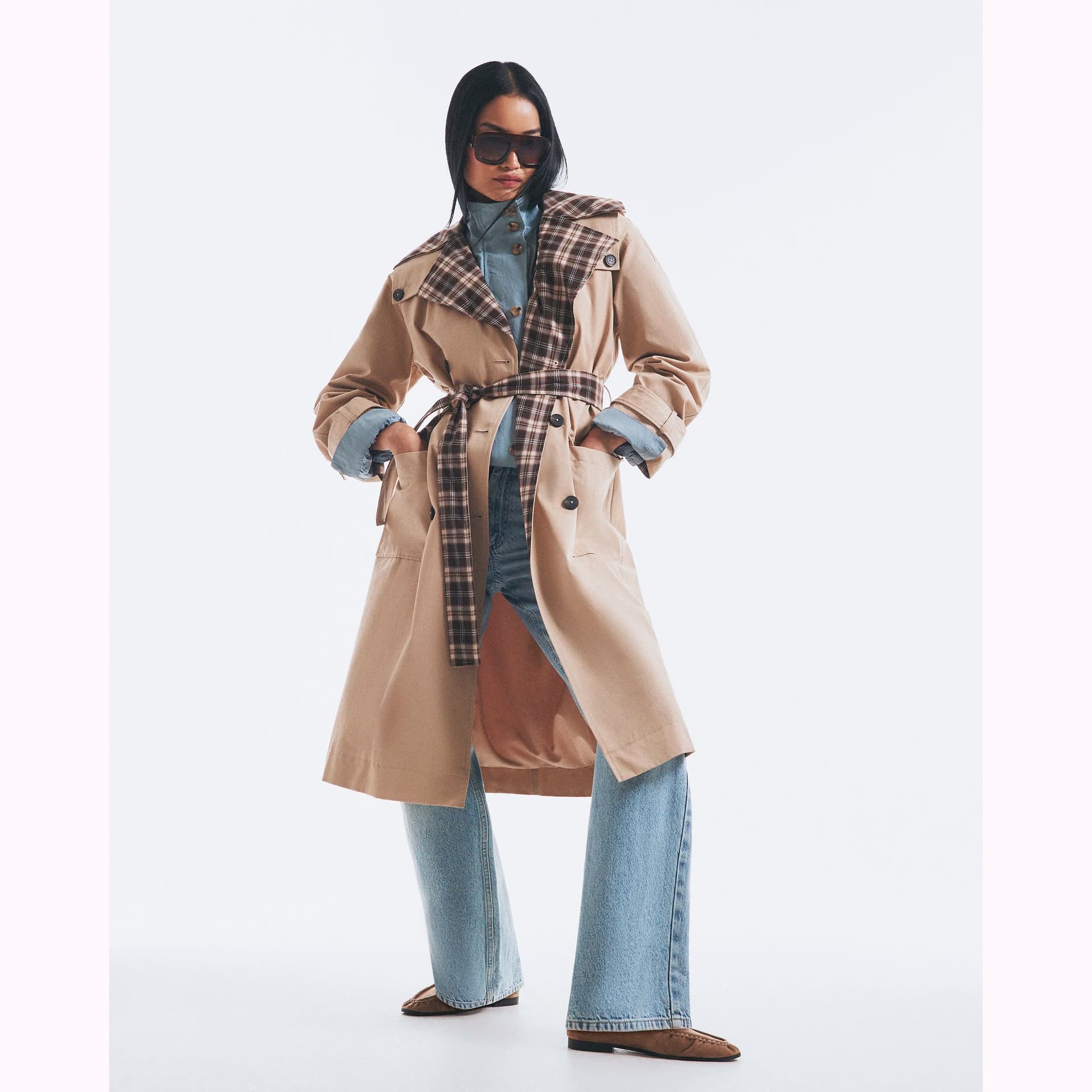 River Island River Island Womens Beige Check Collar Trench Coat
