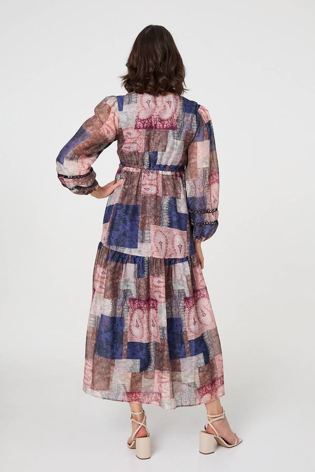Izabel London Izabel London Women's Patchwork Print Empire V-Neck Maxi Dress in Blue - 3