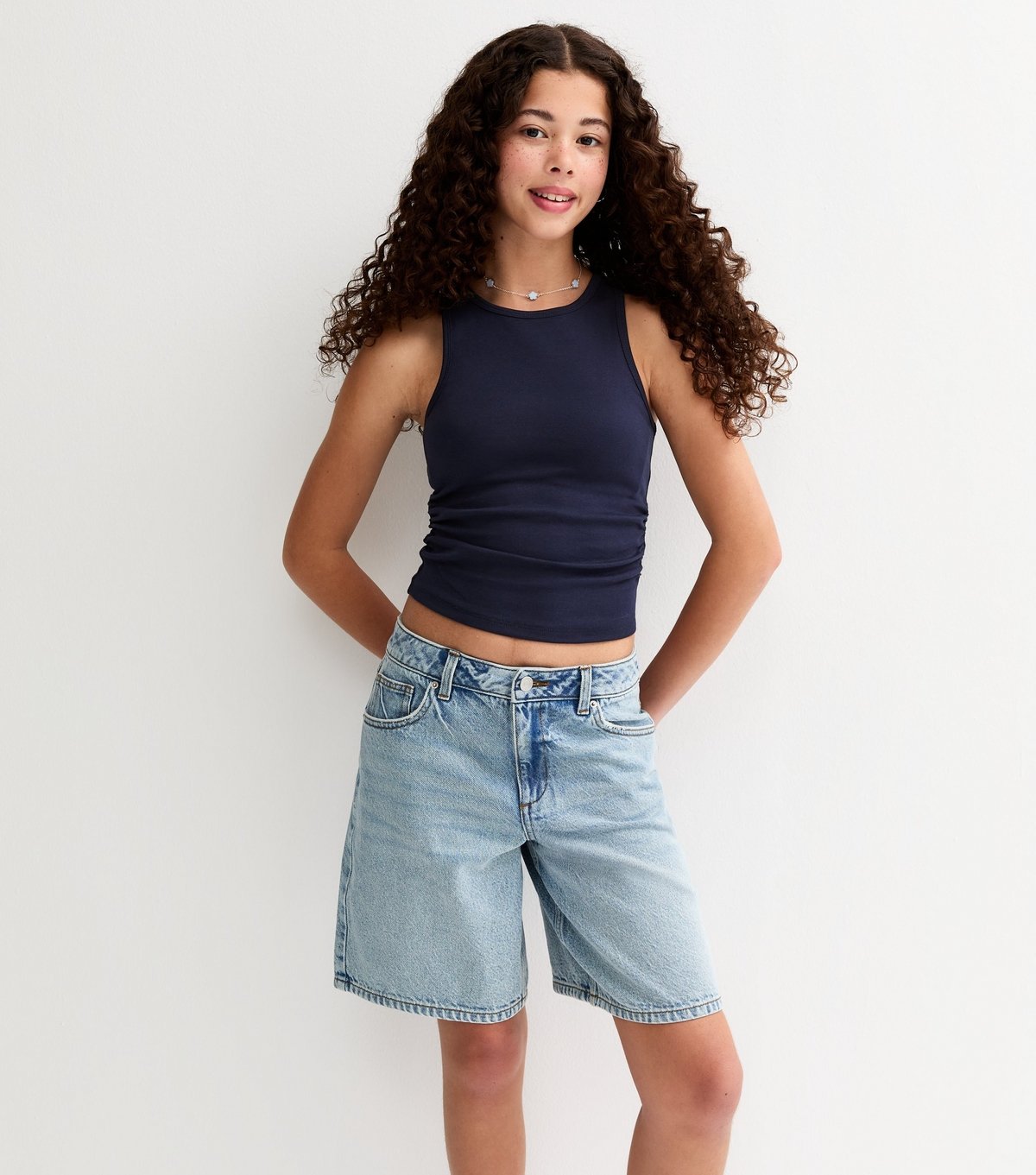 New Look Girls' Navy Ruched Side Racer Vest Top New Look - 3