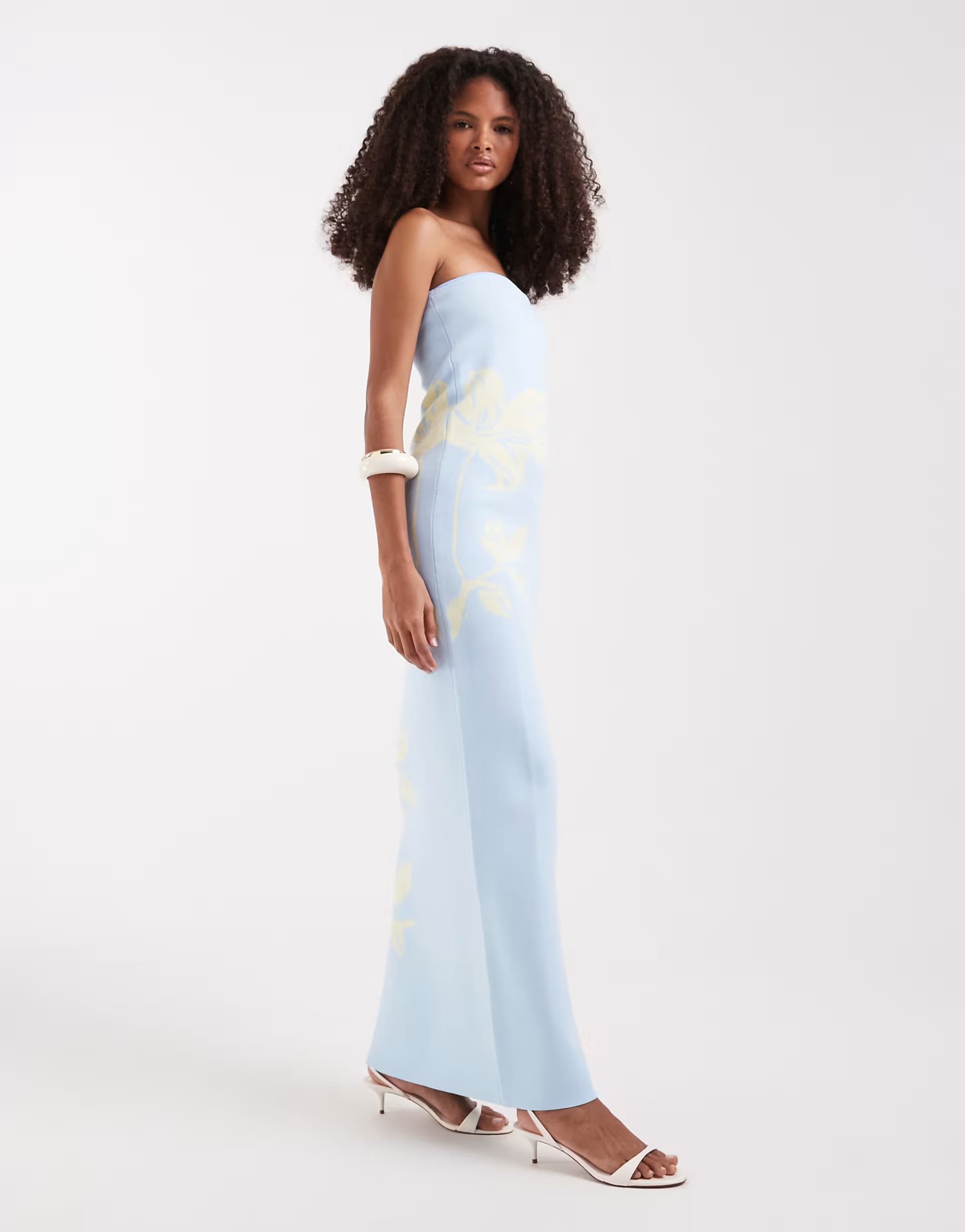 ASOS Pretty Lavish compact knit bandeau maxi dress in blue and yellow floral
