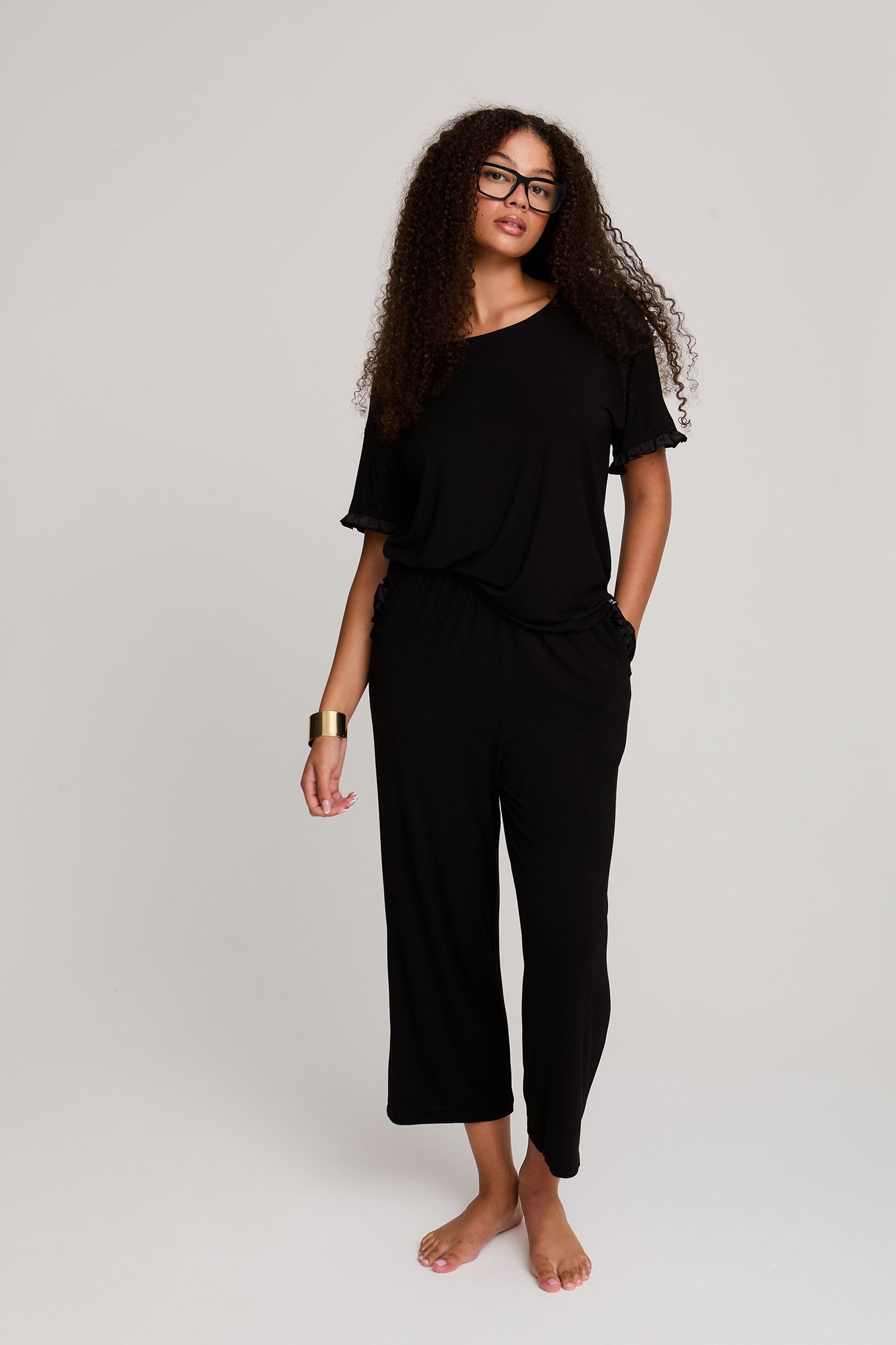 Pretty You London Pretty You London Women's Bamboo Frill Tee Trouser Set in Black - 4