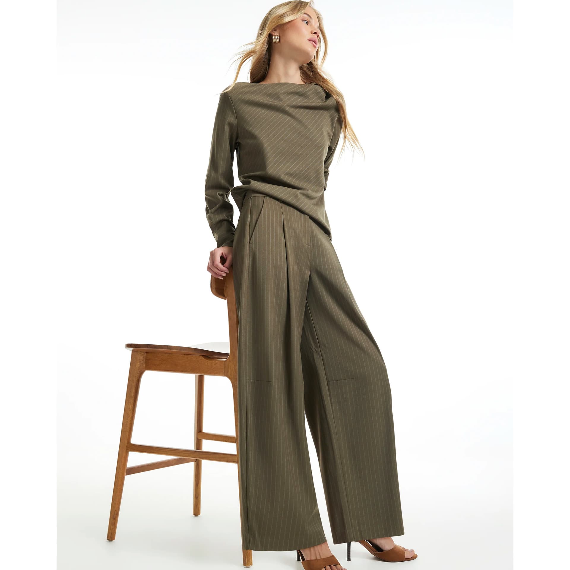 River Island River Island Womens Green Stripe Barrel Leg Trousers