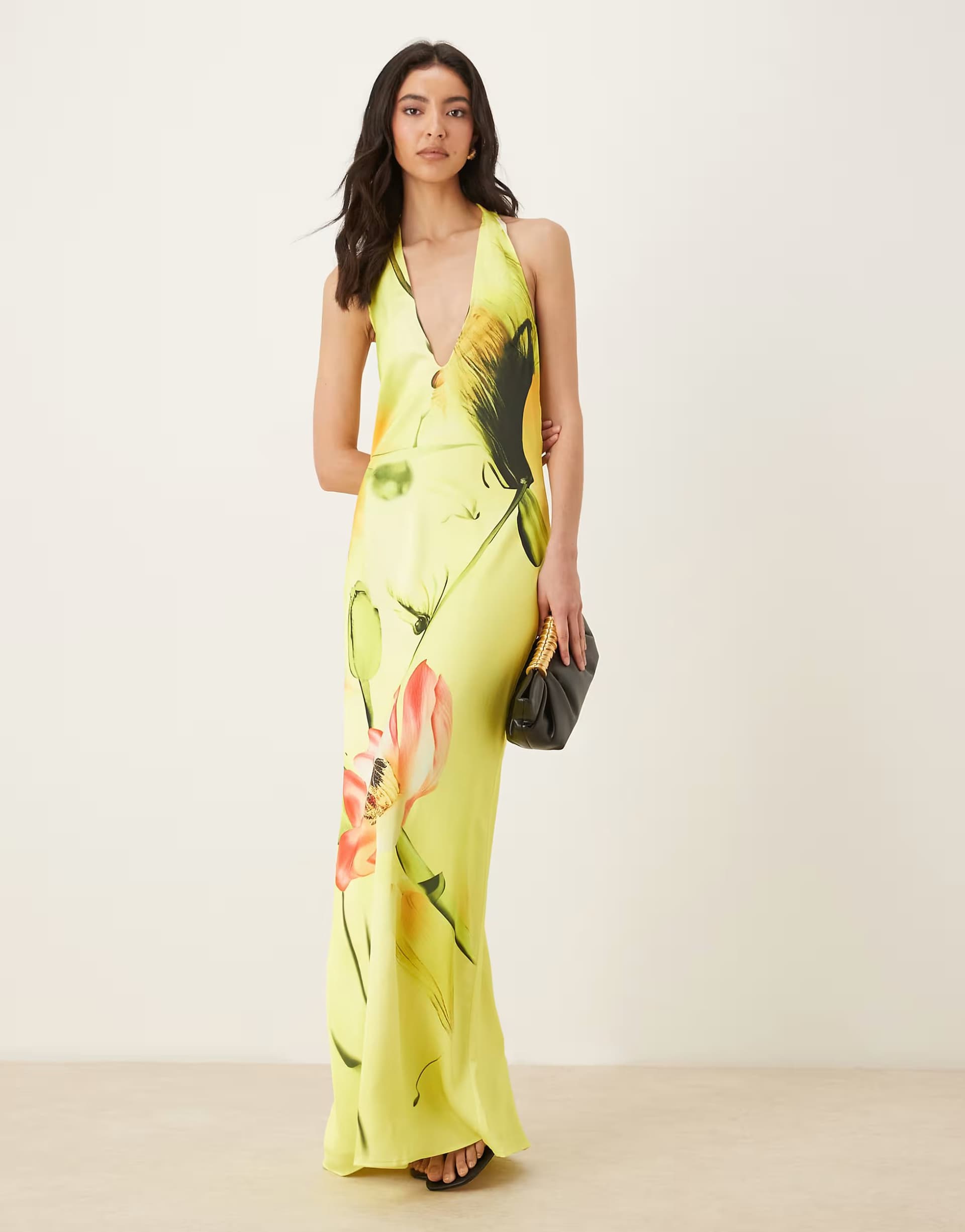 ASOS JW PEI halter neck tie detail plunge neck satin maxi dress in yellow multi floral - MGREEN