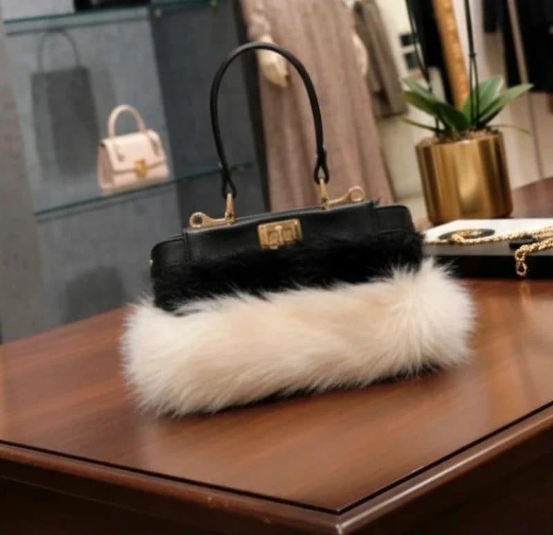 Luxe Y2K Shaggy Black White Faux Fur Tote Bag Gold Hardware Mob Wife Winter Luxe Fluffy Purse
