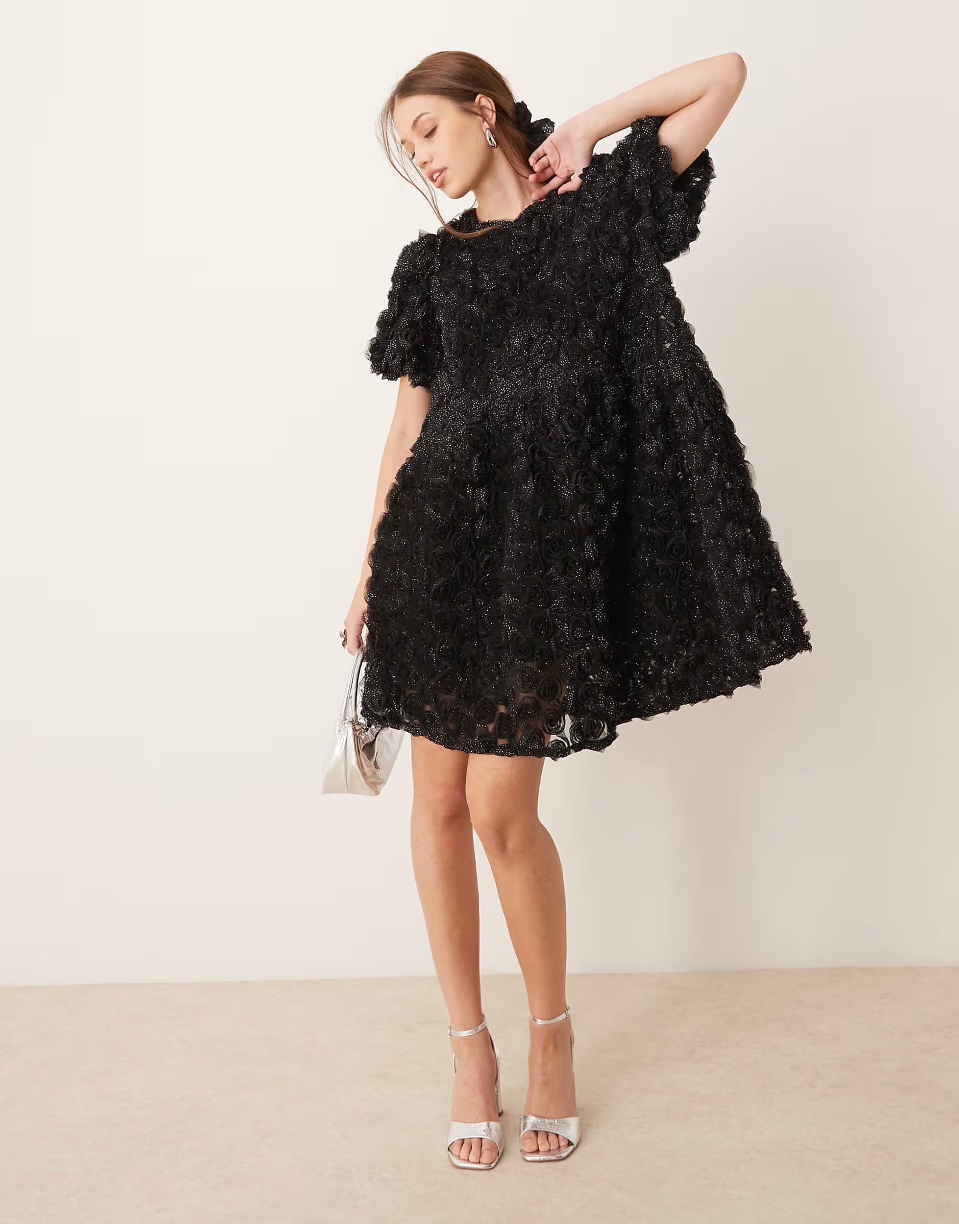 ASOS YAS 3D textured rose mini smock dress in black with shimmer gold