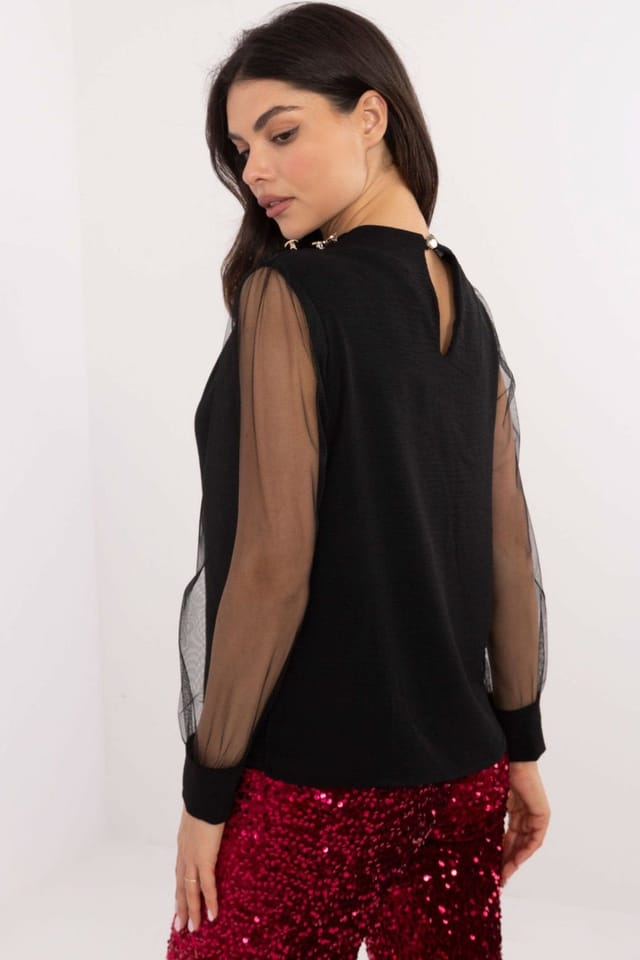 Love Lace Love Lace Women's Elegant Mesh Sleeve Pleated Shoulder Blouse in Black - 3