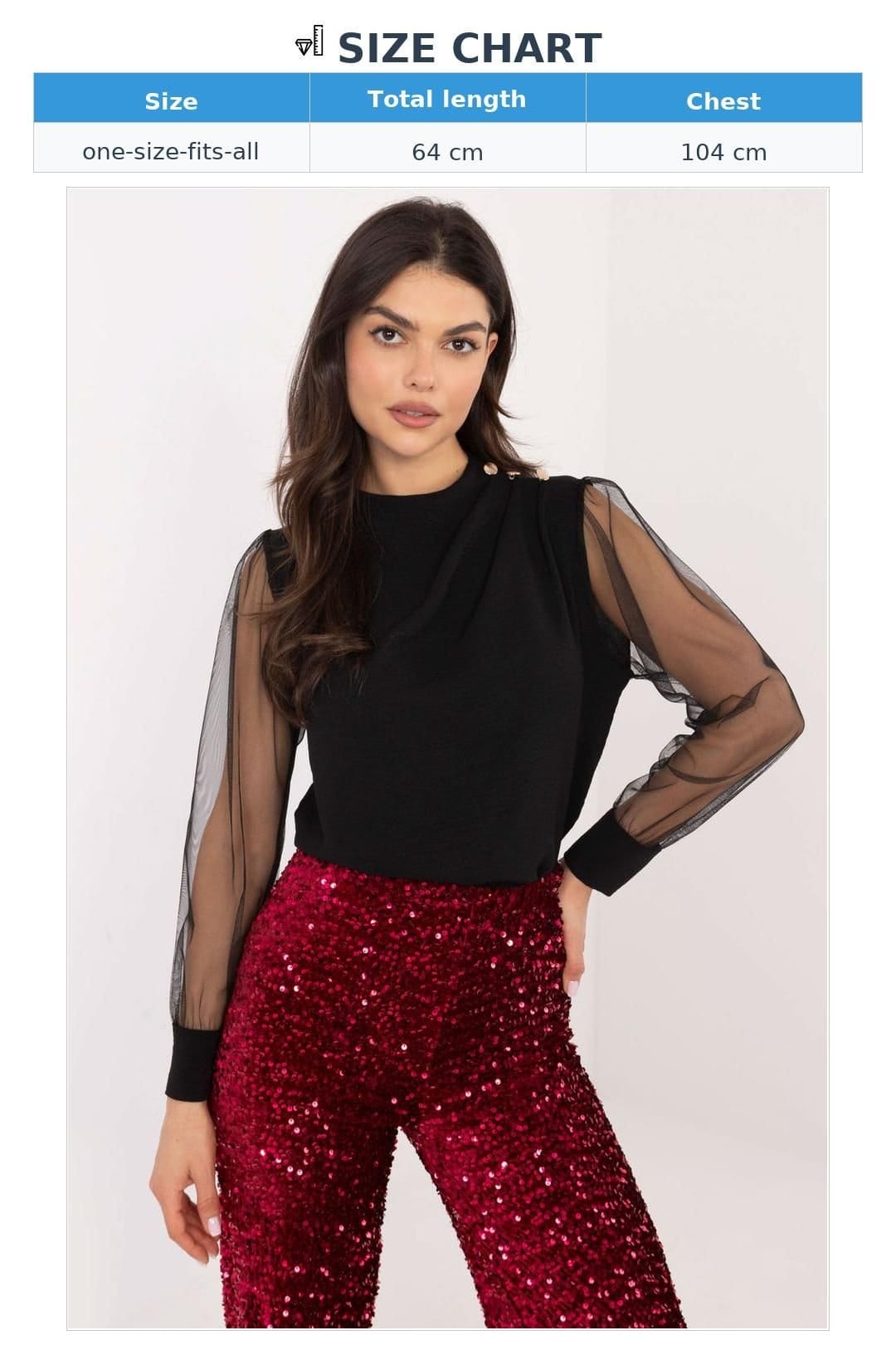 Love Lace Love Lace Women's Elegant Mesh Sleeve Pleated Shoulder Blouse in Black - 4