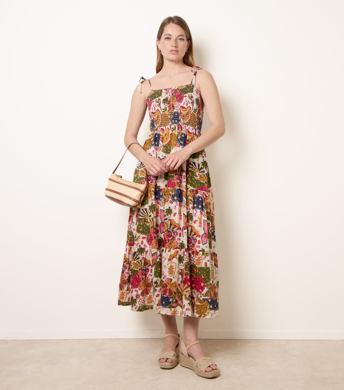 Blue Vanilla Blue Vanilla Multicoloured Cotton Floral Shirred Midi Dress