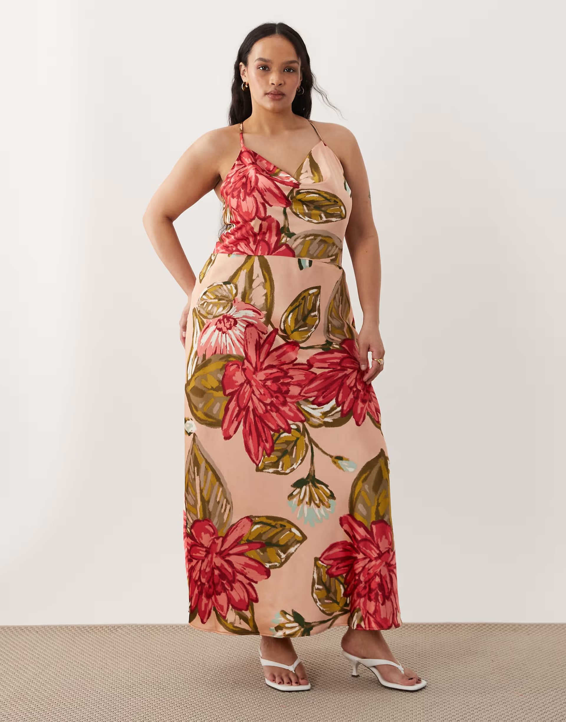 ASOS New Look Curve satin cowl neck floral midi dress in pale coral