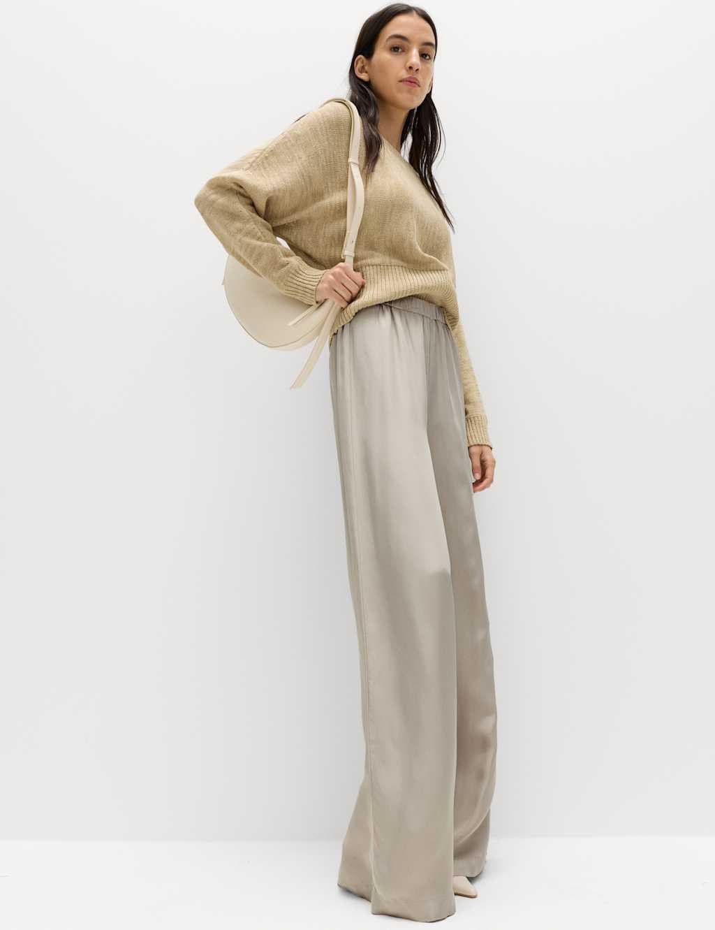 Marks & Spencer M&S Satin Wide Leg Trousers Stone