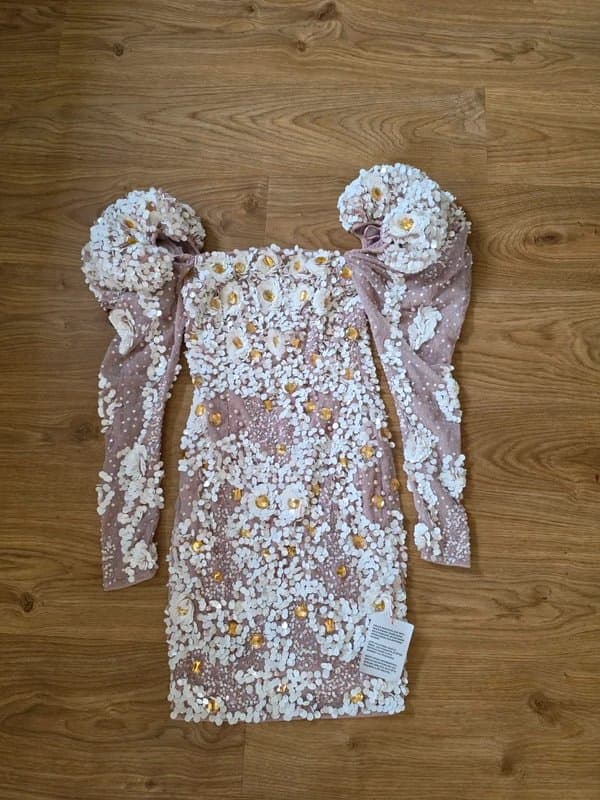 ASOS Design Asos Luxe Embellished Beaded Sequin Nude and White Puff Long Sleeve Mini Dress - Size 8