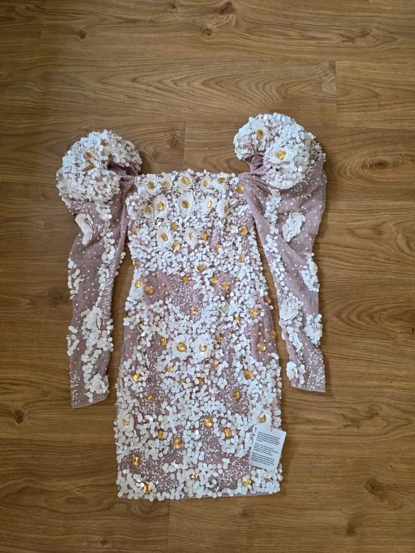 ASOS Design Nude and White Sequin Puff Sleeve Mini Dress - Size 8