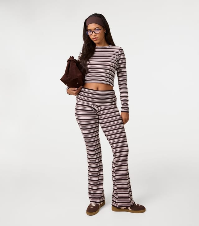 Pink Vanilla Women's Brown Striped Cropped Long Sleeve Top Pink Vanilla New Look - 2