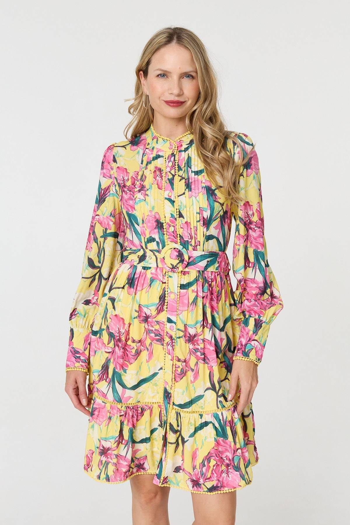 Izabel London Izabel London Women's Floral High Neck Long Sleeve Short Dress in Yellow