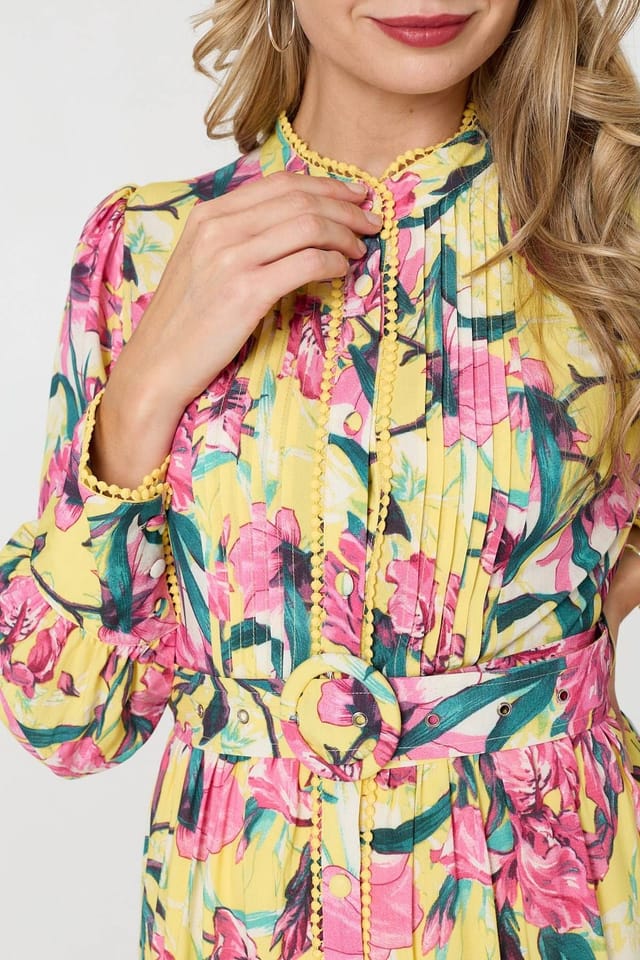 Izabel London Izabel London Women's Floral High Neck Long Sleeve Short Dress in Yellow - 2