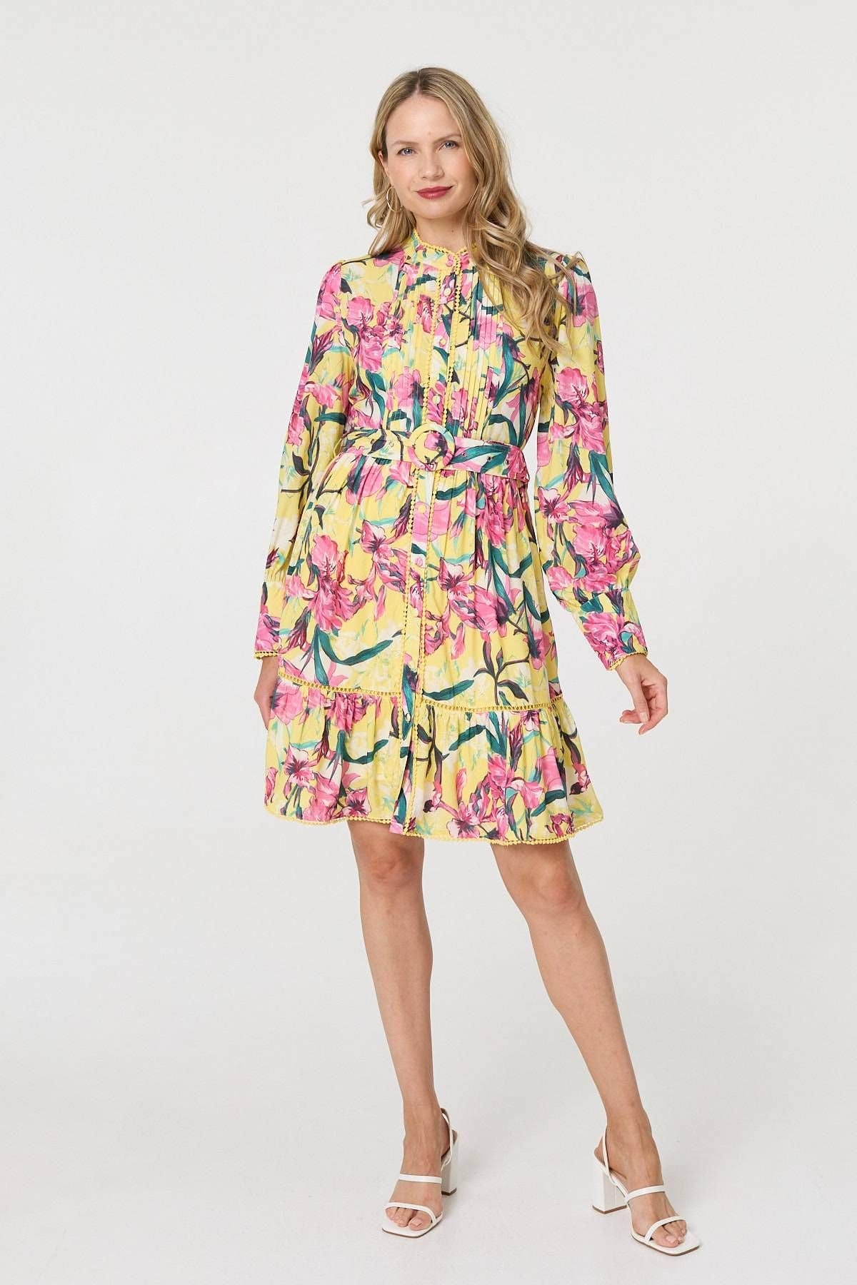 Izabel London Izabel London Women's Floral High Neck Long Sleeve Short Dress in Yellow - 4