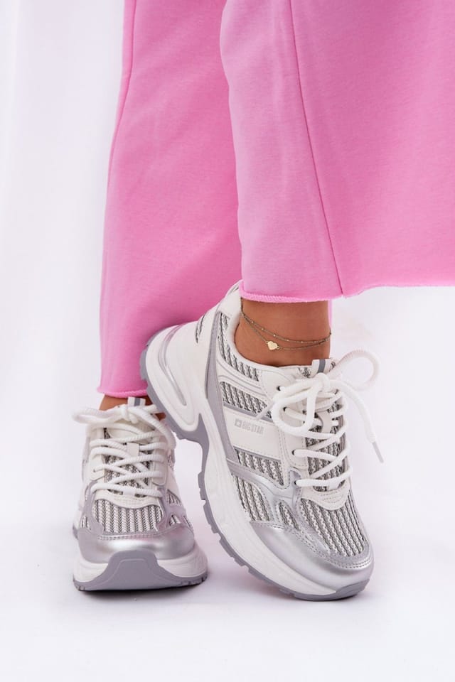 Love Lace Love Lace Women's Big Star Sport Sneakers Textile Chunky Sole Comfort in Silver - 3
