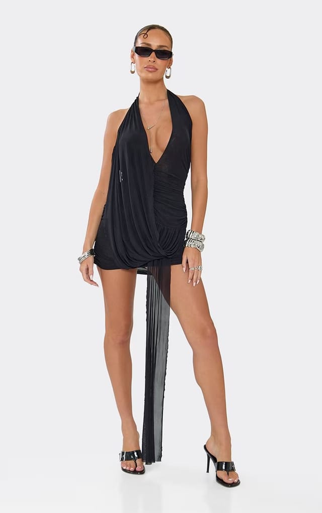 EGO Plunge Neck Wrap Front Draped Detail Mini Dress In Black, Women's Size UK 6 - 2