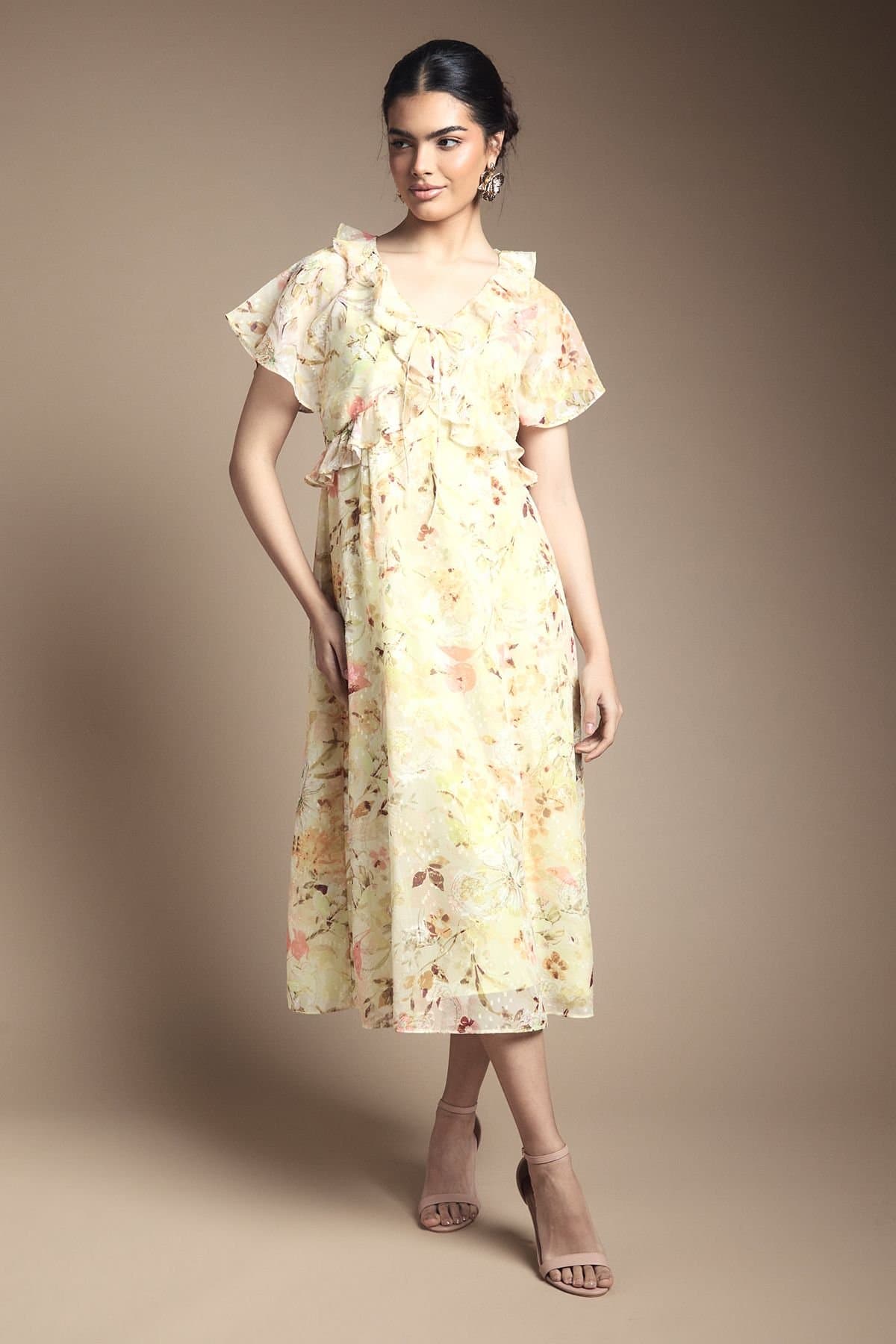 Wallis Wallis Women's Floral Ruffle Tie Front Maxi Dress in Lemon