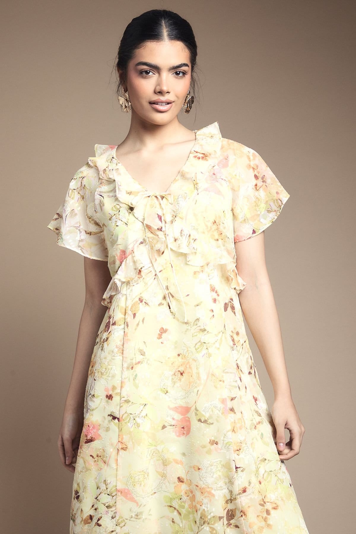 Wallis Wallis Women's Floral Ruffle Tie Front Maxi Dress in Lemon - 4